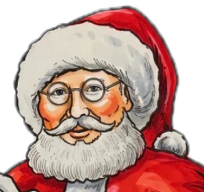 Santa on 66’s face: rosy cheeks, round glasses and a white beard